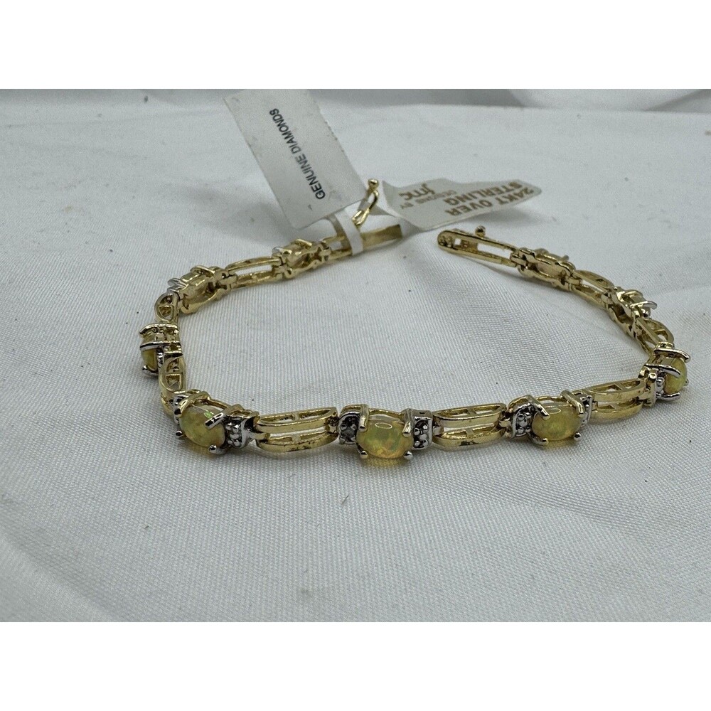 24kt Yellow Gold Over Sterling Silver 925 & Opal Diamond Tennis Bracelet NWT